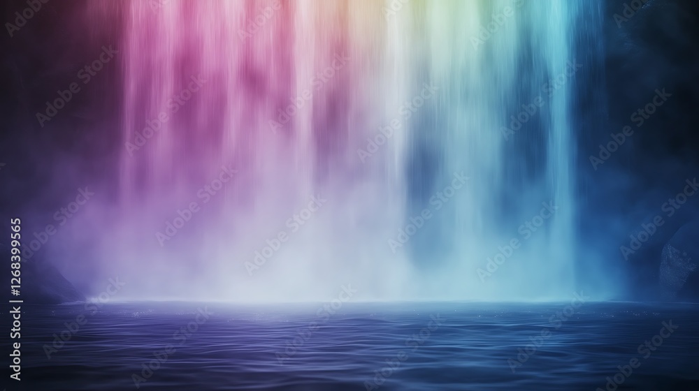 Poster a stunning image of a cascading rainbow waterfall in a serene landscape setting.