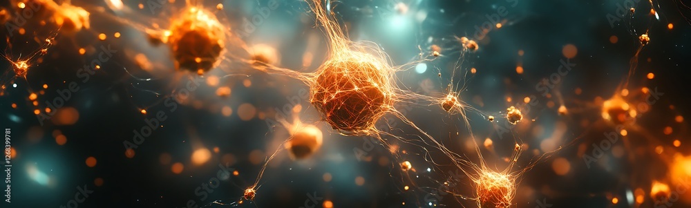 Poster A stunning image of a particle network illuminated by glowing nodes, showcasing abstract technology and connectivity themes.