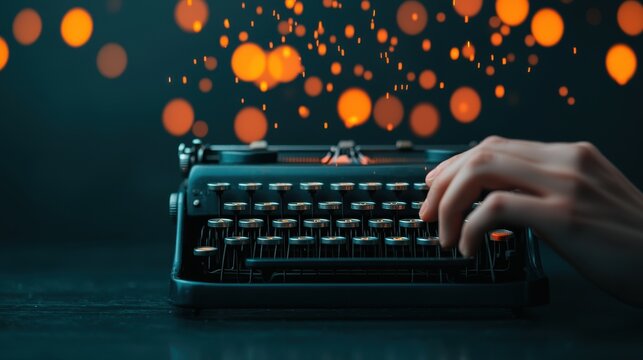 Storytelling Day concept. Vintage Typewriter on a Desk Hands Typing in a Moody Creative Atmosphere - Powered by Adobe