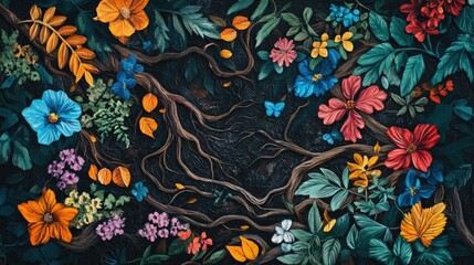 Wild forest floor with vibrant plants, fallen leaves, and tangled roots weaving through the soil.