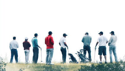 A group of golfers preparing for their next shot on a misty day at the golf course.