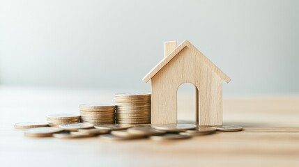 Wooden home on coins with rising arrow graph, concept of real estate market growth.