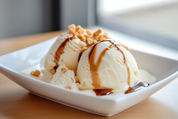 Creamy vanilla ice cream drizzled with caramel and chocolate sauce
