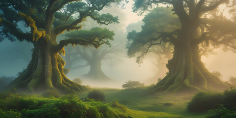 Fototapeta premium A breathtakingly beautiful nature background featuring a majestic, serene, and intriguing scene that exudes tranquility, with lush greenery, towering trees, created by generative ai