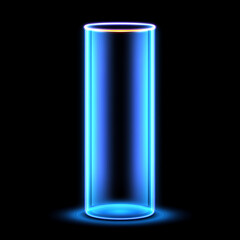 Fototapeta premium Glowing Futuristic Teleportation Pod Device with Neon Blue Light and Transparent Cylinder Shape