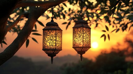 A serene sunset backdrop with two ornate lanterns hanging from tree branches, casting warm light on the surrounding nature.
