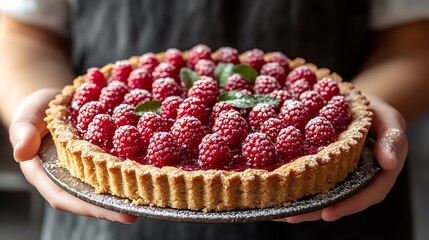 A fresh fruit tart with a biscuit base, softly blurred kitchen tools in the background.