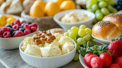 A festive Easter brunch spread featuring hot cross buns, deviled eggs, and fresh fruit Stock photo