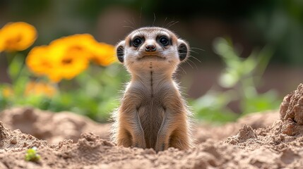 Fototapeta premium A curious meerkat stands in sandy soil with flowers in the background.