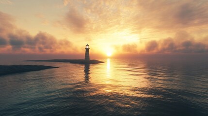 Serene sunset over calm ocean with lighthouse silhouette reflecting on water.