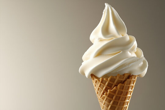 A perfectly swirled vanilla soft-serve ice cream in a crisp waffle cone
