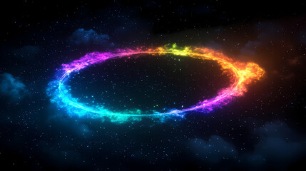 Obraz premium Neon-lit abstract cloud in the dark night sky, surrounded by a glowing geometric ring. beautiful simple ai generated image in unique. Galactic Mosaic Skies. Illustration