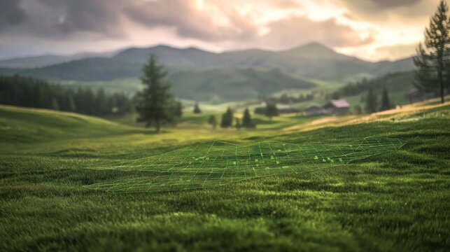 Serene Landscape with Green Data Grid Overlay  Nature Meets Technology