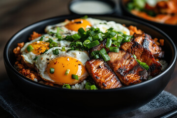 Fototapeta premium Asian-inspired breakfast bowl with fried eggs and marinated meat