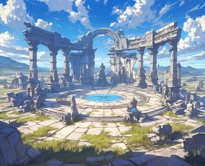 Fototapeta premium Ancient circular stone arena ruins with columns on grassy plain under cloudy sky