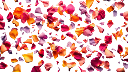 Colorful rose petals falling on transparent background