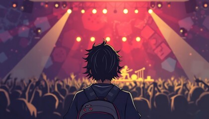 Anime Boy Enjoying Live Music Concert with Crowd and Stage Lights