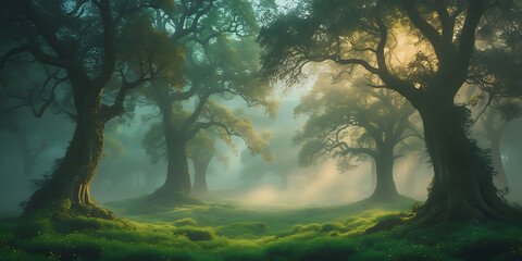 A breathtakingly beautiful nature background featuring a majestic, serene, and intriguing scene that exudes tranquility, with lush greenery, towering trees, created by generative ai