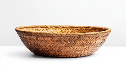 Fototapeta premium Decorative woven bamboo and seagrass basket artisan craft minimalist home decor natural environment top view handcrafted elegance