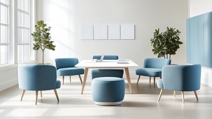 Modern office meeting room, bright, minimalist design, plants, sunlit