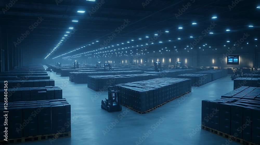 Poster massive futuristic distribution center with a tower, showcasing modern architecture and logistics de