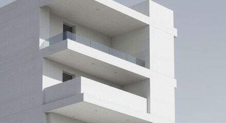 Modern concrete building with balconies against a clear sky backdrop