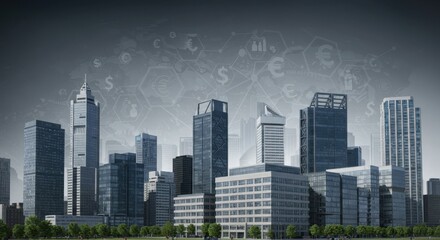 Fototapeta premium Modern city skyline with financial symbols and technology backdrop