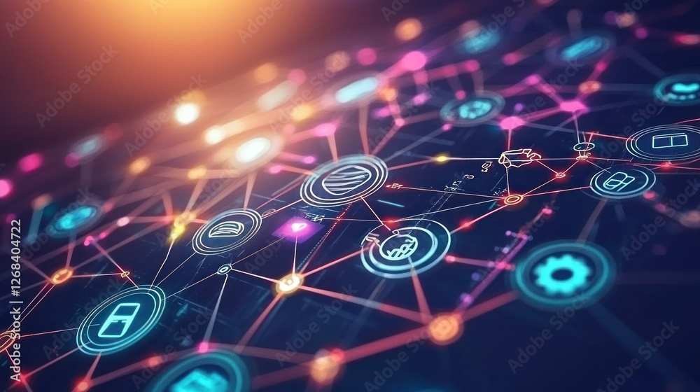 Wall mural a graphic of interconnected technology symbols forming a circular pattern on a dark background. stoc