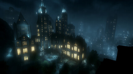 Gotham City Architectural Majesty Under a Dark Sky and Soft Illumination Creating a Noir Aesthetic