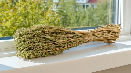 Dried tarragon herbs on sunny windowsill with outdoor view