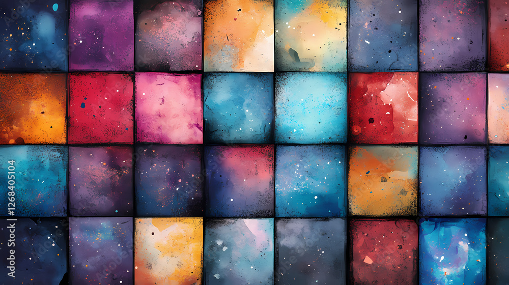Wall mural a vibrant array of galaxy-inspired watercolor tiles creating a mosaic effect with artistic splashes 