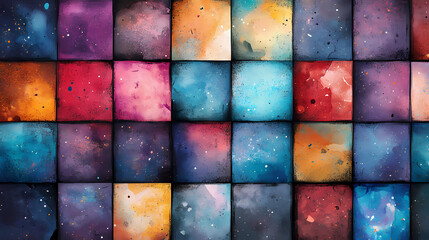 A vibrant array of galaxy-inspired watercolor tiles creating a mosaic effect with artistic splashes and cosmic star details. Galactic Mosaic Skies. Illustration