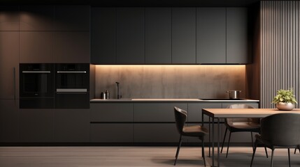 A stylish modern kitchen with matte cabinetry, minimalist design, and warm lighting.
