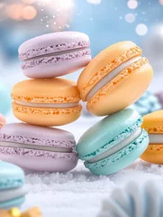 Colorful assortment of pastel macarons in winter wonderland setting