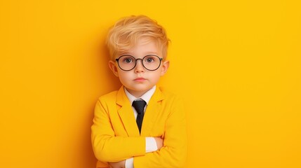 Adorable child in yellow suit with glasses against bright backdrop