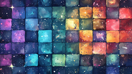 A vibrant array of galaxy-inspired watercolor tiles creating a mosaic effect with artistic splashes and cosmic star details. Galactic Mosaic Skies. Illustration