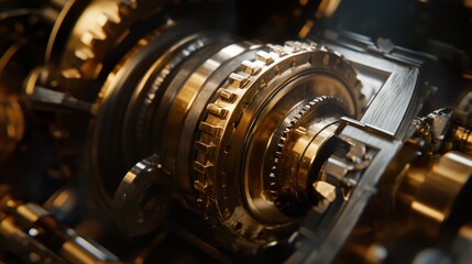 Fototapeta premium Intricate gold gears mechanism close-up. Industrial machine detail. Background blurred. Perfect for tech or engineering
