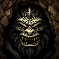 Monster Creature Emerging From Cave with Glowing Eyes and Sharp Teeth