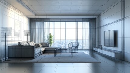 Fototapeta premium Modern Living Room Architectural Wireframe Design Visualization: Highrise Apartment Interior Blueprint