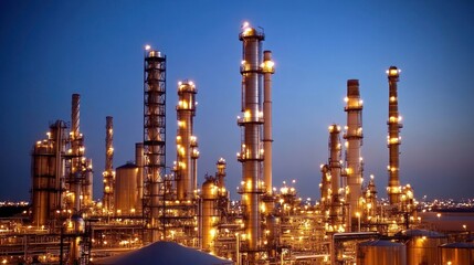Fototapeta premium Illuminated Industrial Complex at Night: A Panorama of Refinery Towers and Structures