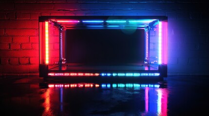 Neon Light Frame Installation Against Brick Wall: A Futuristic Cyberpunk Vibe