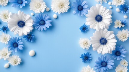 Blue and white flower arrangement on light blue background with petals and spheres