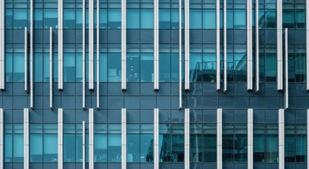 Modern office building facade with reflective windows and vertical elements
