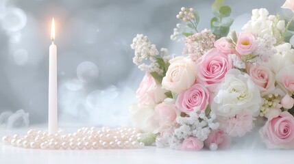 Elegant candlelit bouquet with pearls and soft pink roses in romantic setting