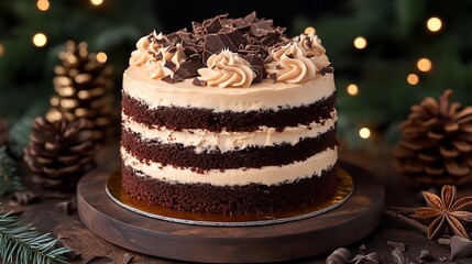 A layered chocolate mousse cake, blurred soft fabric tablecloth in the background.