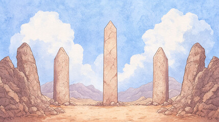 Ancient Obelisks in a Desert Landscape