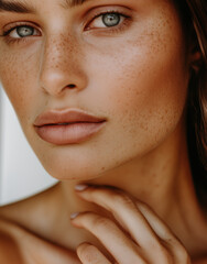 Obraz premium Gold Bronzed Beautiful Summer Beachy Tanned Freckled Mediterranean Model Full Lips Natural Makeup Cosmetics Glowing Skin Close Up Aesthetic Clean Glow Wavy Hair Highlights Blush Brand Plastic Surgery