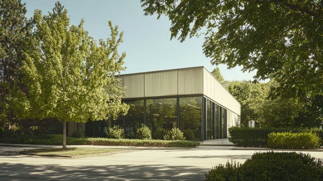 A minimalist small office building in a suburban area surrounded by trees. Stock photo