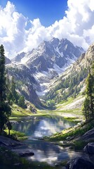 tranquil lake nestled between high mountains image