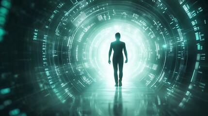 Silhouette figure walking towards bright light in futuristic tunnel.